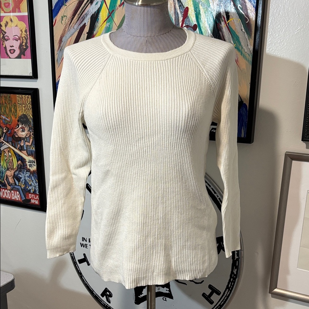 Armani Exchange Vintage Creme Ribbed Knit Sweater 3/4 Sleeve